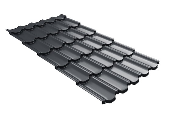 Металлочерепица квинта плюс с 3D резом 0,5 Satin RAL 7024 мокрый асфальт купить в Рязани